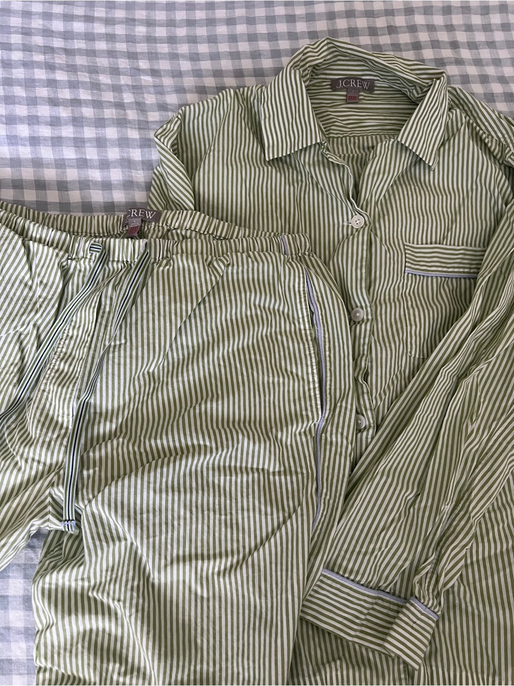 Women’s J. Crew Light Green Striped Pajama Set w/ Blue Pinstripes